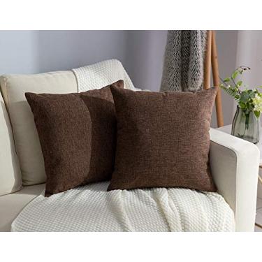 Imagem de Stellhome Capas de almofada de estopa de outono quadradas sólidas capas de almofada de linho de fazenda para cama, sofá, banco, 66 x 66 cm (65 cm), marrom, conjunto de 2