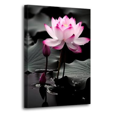 Imagem de LURENCZH Arte de parede Zen Impressão em tela de lótus preto branco e rosa pintura de imagem de flor zen para sala de meditação decoração de banheiro emoldurada (Lótus-1,12 cm x 45,7 cm)