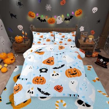 Imagem de Feelyou Conjunto de cama macio para meninos e meninas, estampa de fantasma kawaii, tamanho casal, edredom de abóbora, microfibra, azul claro, 3 peças com 2 fronhas