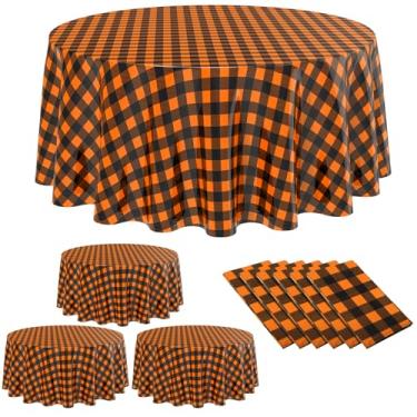 Imagem de Remagr Toalha de mesa xadrez descartável redonda de plástico xadrez buffalo, 213 cm, capa de mesa guingão para piquenique, acampamento, churrasco, festa de formatura (laranja e preto, 6 peças)