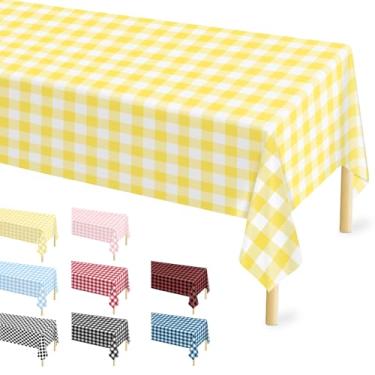 Imagem de 4 peças de toalha de mesa xadrez amarela 137 × 272 centímetros retangular capa de mesa xadrez amarela descartável de plástico impermeável capa de mesa de búfalo para piquenique ao ar livre, cozinha, festa de aniversário de férias