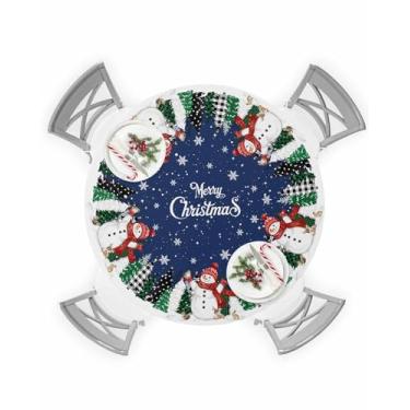 Imagem de Toalha de mesa redonda de boneco de neve de Natal vermelho com borda elástica, xadrez, árvore de Natal, floco de neve, azul marinho, à prova de óleo, à prova de óleo, para festas e piqueniques, serve