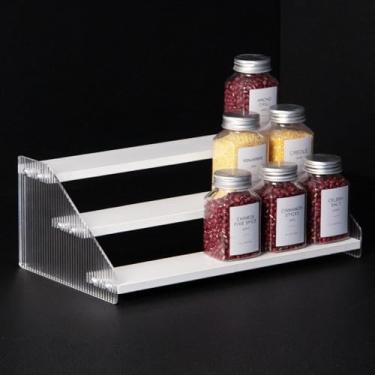 Imagem de nianfeng Porta-temperos em camadas, organizador de armário de cozinha de 3 camadas, 30,5 cm, suporte de escada de acrílico de madeira natural, prateleira de tempero de bancada (branco)