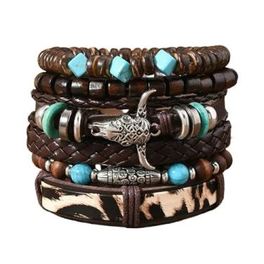 Imagem de Dreuyet Pulseiras ocidentais para mulheres e homens, vintage, boêmia, empilhável, turquesa, miçangas, pulseira elástica rústica com pingente de cabeça de vaca, joia de caubói country, Adjustable