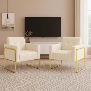 Imagem de Poltrona Sala Industrial Alta Tubo Dourado Kit 2 Elisa Suede D03 - D'R