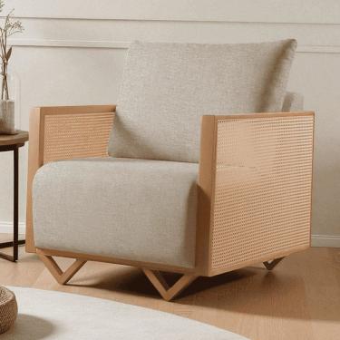 Imagem de Poltrona para Sala de Estar Madeira Maciça Palha Rattan Arthur Bege