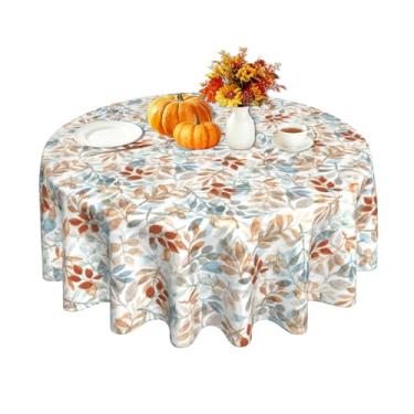 Imagem de BYONEESS Toalha de mesa redonda de outono de 152 cm de Ação de Graças Toalha de mesa de colheita de outono laranja azul aquarela para cozinha, jantar, piquenique, festa em casa ao ar livre
