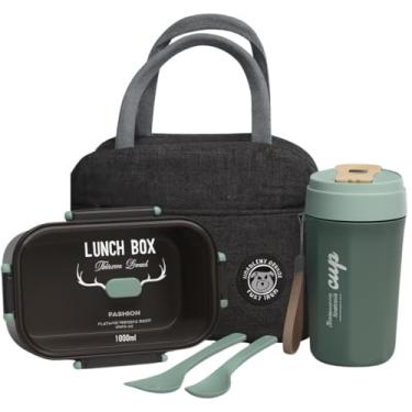 Imagem de Kit Bolsa Térmica Marmita Lancheira + Pote Hermético Para Microondas + Squeeze Hermética Anti Vazamento + Colher E Garfo (Verde)