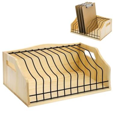 Imagem de Youeon Suporte vertical para prancheta, 12 compartimentos de madeira e metal, organizador de arquivos de mesa com painel lateral para casa, escritório, escola, sem necessidade de montagem