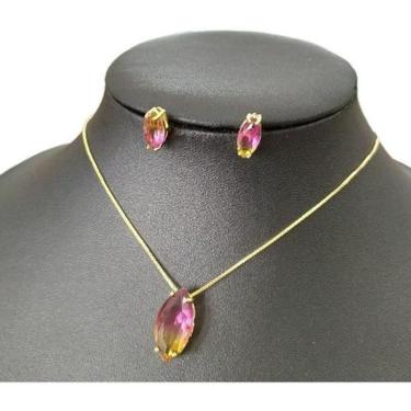 Imagem de Conjunto Colar e Brinco Ouro 18k - Zircônia Rosa e Amarelo