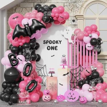 Imagem de Arco de balão de Halloween A Little Boo, 169 peças de balões pretos rosa com morcego preto BOO balão adesivos de parede para decorações assustadoras de um aniversário, chá de bebê, artigos de festa de