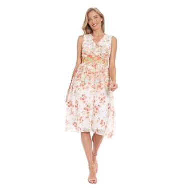 Imagem de bestmobilephonecases Vestido midi floral feminino sem mangas com decote em V - Vestidos de convidados de casamento justo e flare, Branco macio/vermelho, G