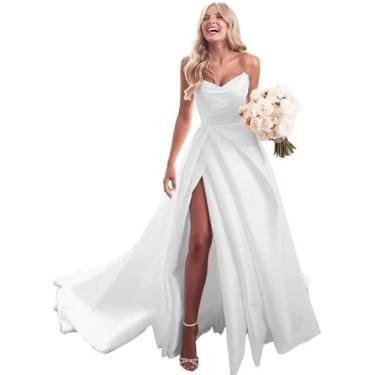 Imagem de Vestido de noiva raomiao branco de cetim em linha A com decote em V se