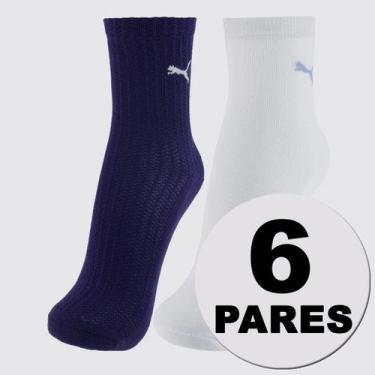 Imagem de Kit Meia Puma Cano Médio 6 Pares Feminina Branca e Marinho, 34-39