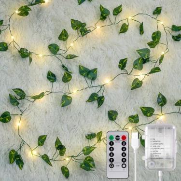 Imagem de OMIKA Videira com luzes de fadas operadas a pilha, 120 m, 120 LED, luzes de corda Pothos com controle remoto, luzes de folha de pothos para quarto, parede, jardim, festa, decoração de casamento