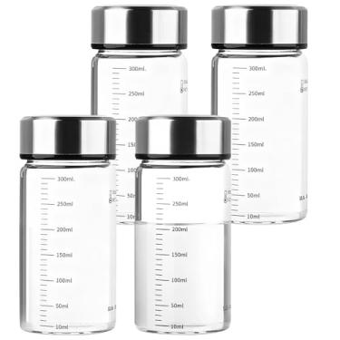 Imagem de 4 garrafas de vidro borossilicato, garrafas reutilizáveis de 300 ml, garrafas de suco de vidro portáteis com tampas e balança de aço inoxidável, recipientes transparentes de armazenamento de alimentos