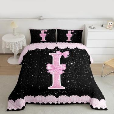 Imagem de Feelyou Conjunto de edredom solteiro com letra I com laço rosa, para crianças, meninos, meninas, alfabeto, princesa, laço com glitter, decoração de quarto de microfibra, 2 peças com 1 fronha