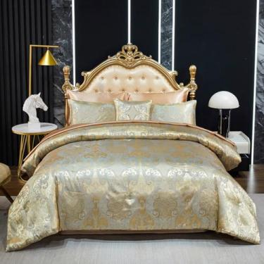 Imagem de Conjunto de edredom dourado com conjunto de cama jacquard acastanhado, 8 peças, vintage, neoclássico, floral, elegante, decoração de casa, edredom macio, cama de seda de hotel de luxo em uma bolsa
