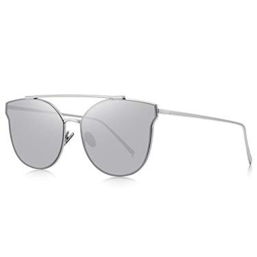 Imagem de Óculos de sol femininos fashion Cat Eye com revestimento de lentes espelhadas UV400, Prateado espelhado, Lens Width: 56 Millimeters