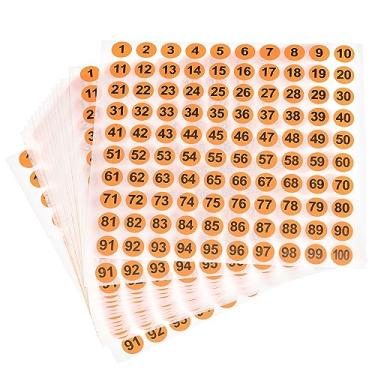 Imagem de Adesivos de número redondo, 10 mm de diâmetro número 1-100 etiqueta de papel revestido 15 folhas, palavra preta/fundo laranja