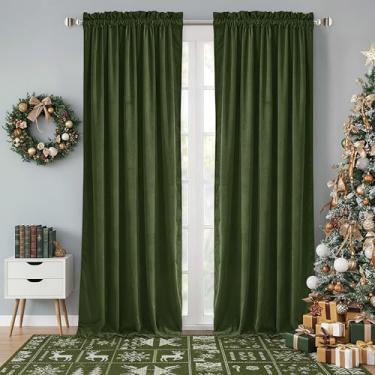 Imagem de StangH Cortinas verdes musgo para sala de estar aconchegantes cortinas de privacidade com isolamento térmico para quarto, cortinas de veludo macio com redução de ruído, decoração de Natal, L122 x C100