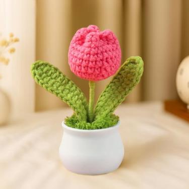 Imagem de Vaso de plantas de crochê, mini decoração de malha para casa/escritório/presentes, decoração de mesa ecológica, rosa - tulipa vermelha
