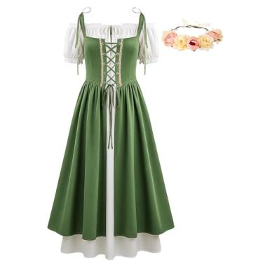Imagem de ZhouBoat Vestido feminino Renascentista Medieval Espartilho Manga Bufante Vestido de Fada com Coroa de Flores, Verde, Small