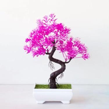 Imagem de Bonsai Artificial com Vaso – Planta Decorativa de Pinheiro e Flores para Casa, Escritório e Jardim(Cor Lótus Vermelho)