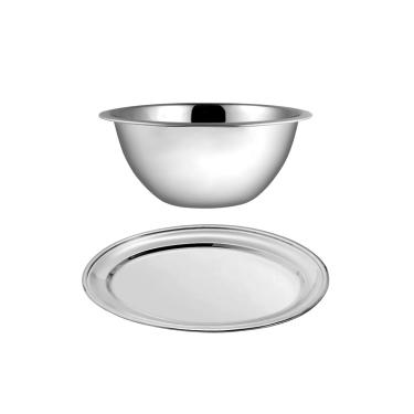 Imagem de Tigela Bowl e Travessa Rasa Oval Saladeira Aço Inox 2un