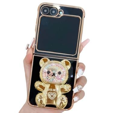 Imagem de Kwhapoo Linda capa com suporte compatível com Samsung Galaxy Z Flip 5/Z Flip 6 de 6,7 polegadas, contas douradas 3D luxuosas, areia movediça, suporte feminino de urso para mulheres, capas macias de