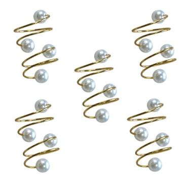 Imagem de Anel Argola Para Guardanapos Decorativos, Kit com 2, 4 ou 10 Peças, Dourado ou Prata, com Pérolas ou Pedra Cristalina, 4 x 3 cm e 4,5 x 4,5 cm (Duas Voltas (Dourado), 10 Anéis)