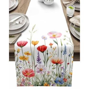 Imagem de Caminho de mesa – Algodão Linho 182 cm de comprimento, flores silvestres Aquarela Cómoda Cachecóis Tablerunner para Cozinha/Café/Jantar, Decoração de Casa Cachecol de Férias