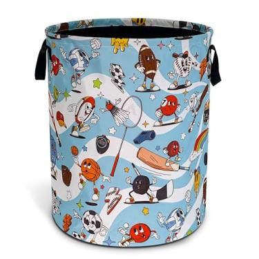 Imagem de Cesta de roupa esportiva com bolas engraçadas, dobrável, impermeável, de tecido Oxford, cesto de roupa redonda, grande, organizador de brinquedos para banheiro/armazenamento de lavanderia/quarto, 45 x