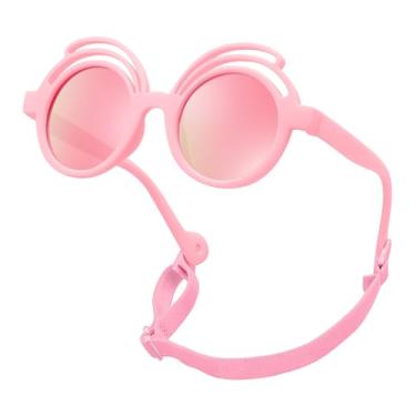 Imagem de FEISEDY Óculos de sol redondos polarizados de borracha flexíveis com alça para bebês recém-nascidos de 0 a 24 meses B0060, Armação rosa | Lente espelhada rosa, 39MM