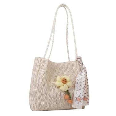 Imagem de Bolsa de ombro de grande capacidade para férias de tecido palha (branca)