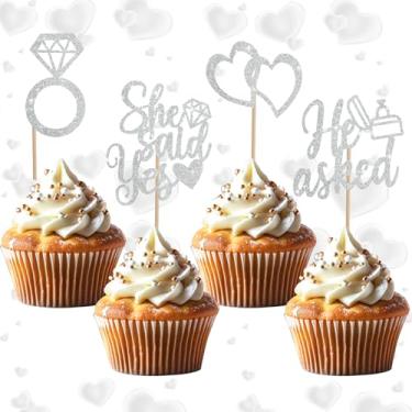 Imagem de BEISHIDA He Asked She Said Yes Toppers de cupcake, 24 peças de enfeite de cupcake de noivado com glitter anel de diamante coração palhetas de cupcake para casamento, noivado, chá de panela, decoração
