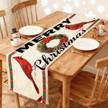 Imagem de Caminho de mesa de Natal 33 x 91 cm - Decoração de mesa de jantar de cozinha de inverno impressa Feliz Natal com pássaros, grinalda e corredor xadrez vermelho/verde para decoração de casa de férias