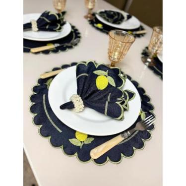 Imagem de Conjunto de 12 jogos americanos estilo americano Jogos americanos para uma mesa de jantar para 6 pessoas Arranjo de mesa Guardanapos redondos Mesa de jantar(Limão Siciliano Azul)