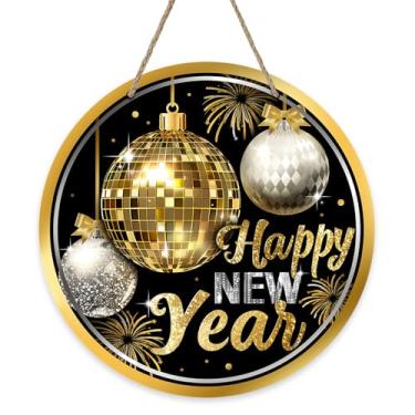 Imagem de Bolisom Feliz Ano Novo 2026 Placa de porta da frente, bola de discoteca dourada preta com glitter, cabide de madeira para uso externo, varanda, decoração de casa, celebração de Natal, inverno