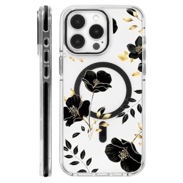 Imagem de Punmada Capa para iPhone 15 Pro Max para MagSafe, preta transparente com design à prova de quedas, carregamento magnético resistente à prova de choque, compatível com iPhone 15 Pro Max, folha dourada