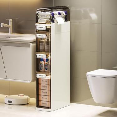 Imagem de Roqao Armário de armazenamento estreito alto de 5 camadas, armário de armazenamento fino para banheiro com gavetas e rodas, organizador de papel higiênico de plástico para espaços pequenos, cozinha