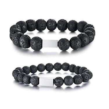 Imagem de Rockyu Joias Marca Popular Pedra Vulcânica Aço Inoxidável Masculino Feminino Unissex Preto Contas de Oração Pulseiras de Placa para Homens Mulheres Celebridades Unissex Presente de Cerimônia de