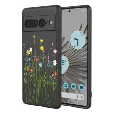 Imagem de OEURVQO Capa artística para Google 7 Pro, capa de silicone líquido de toque macio com forro fofo, compatível com carregamento sem fio, capa protetora para Google Pixel 7 Pro, flores silvestres pretas