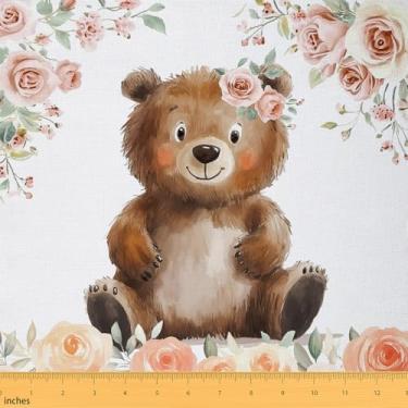 Imagem de Erosebridal Tecido de estofamento de urso fofo, tecido infantil de urso marrom animal selvagem da Yard para estofamento DIY, rosa estilo pastoral, material decorativo de fazenda para costura