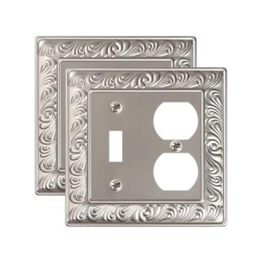 Imagem de TREEWELL Pacote com 2 placas de cobertura para interruptor de luz duplex/interruptor, placa decorativa para tomada de parede padrão paisley, níquel acetinado 2 placas de parede de metal para tomadas