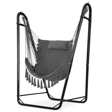 Imagem de Cadeira de rede em forma de U com suporte, cadeira suspensa resistente e à prova de ferrugem com suporte, rede estilo boêmio, suporte para cadeira giratória com encosto de cabeça e bolsos laterais