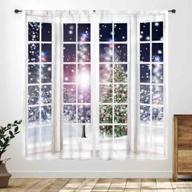 Imagem de Cortina de janela de cenário de inverno, árvore de Natal, floco de neve, paisagem de inverno, tratamentos de janela de Natal para quarto, sala de estar, cozinha, 2 painéis, 203 x 163 cm