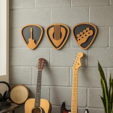 Imagem de Trio Quadros Decorativos Rock Palhetas para Estúdios de Música em MDF Amadeirado