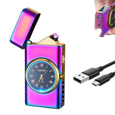 Imagem de COMANYI Isqueiro elétrico com arco de plasma, isqueiro recarregável USB à prova de vento com design legal, mostrador de relógio, lanterna, visor de energia para uso ao ar livre, para homens e mulheres