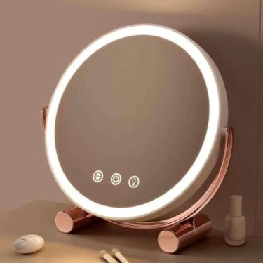 Imagem de Espelho Maquiagem LED Mesa Redonda | Madeira Bambu + Base Giratória | Luz Natural USB | Presente Decorativo Rosa/Branco(Branco)